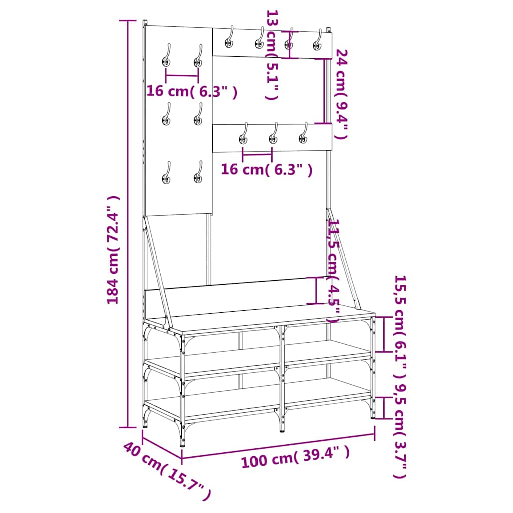 vidaXL Wieszak na ubrania z miejscem na buty, czarny, 100x40x184 cm