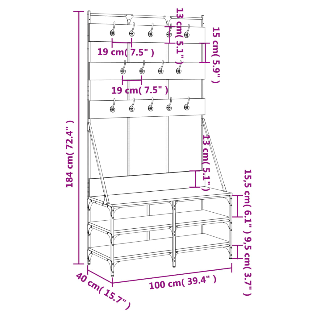 vidaXL Wieszak na ubrania z miejscem na buty opalany dąb 100x40x184 cm