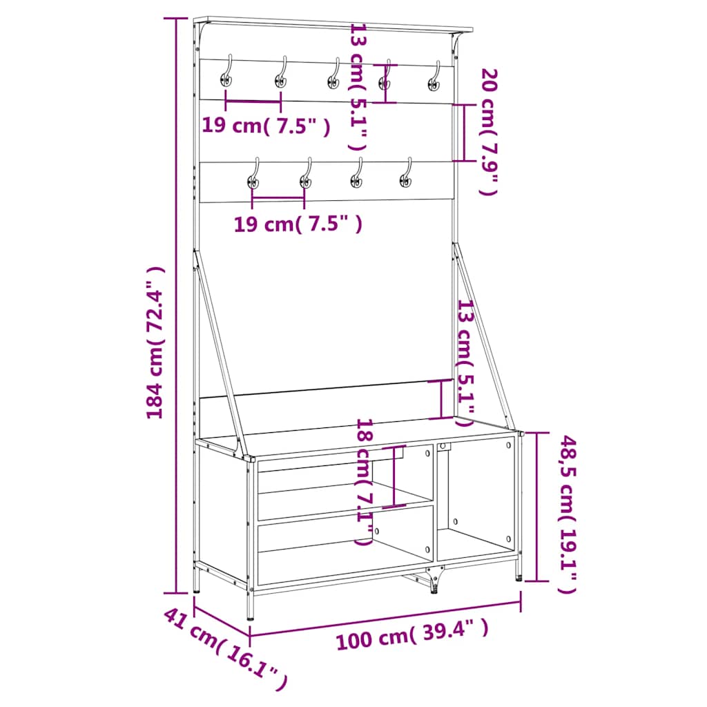 vidaXL Wieszak na ubrania z miejscem na buty, dąb sonoma 100x41x184 cm