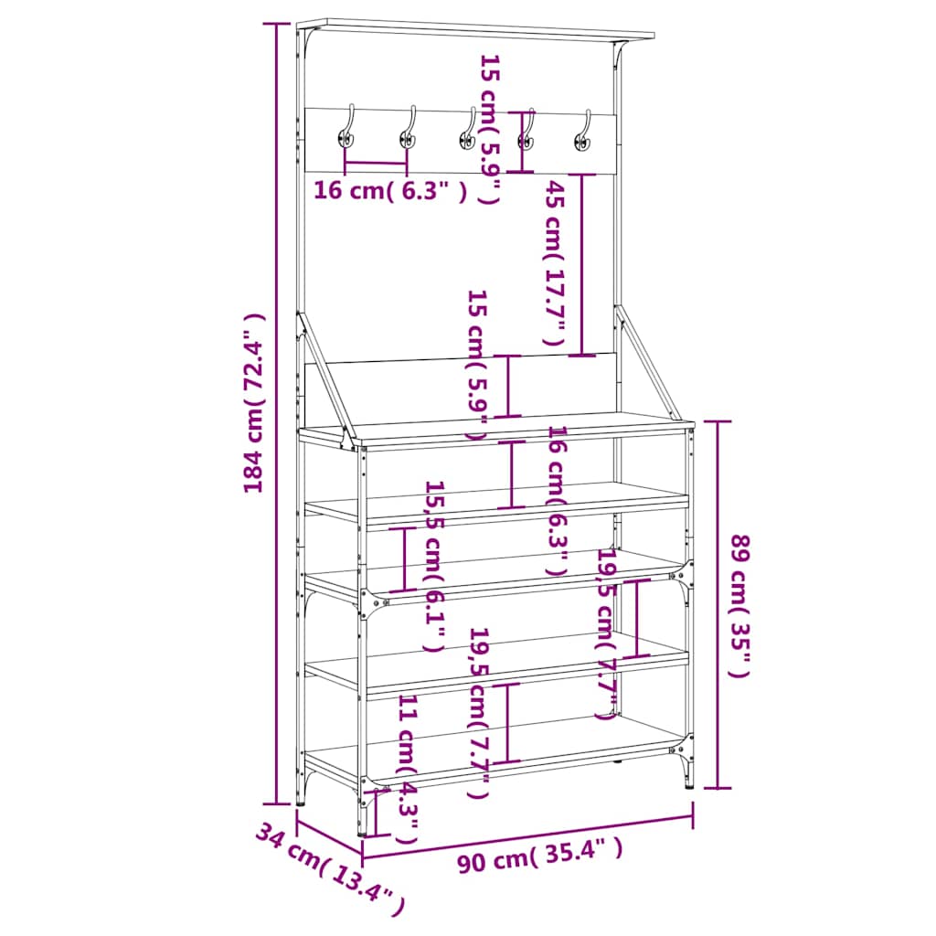 vidaXL Wieszak na ubrania z miejscem na buty, czarny, 90x34x184 cm
