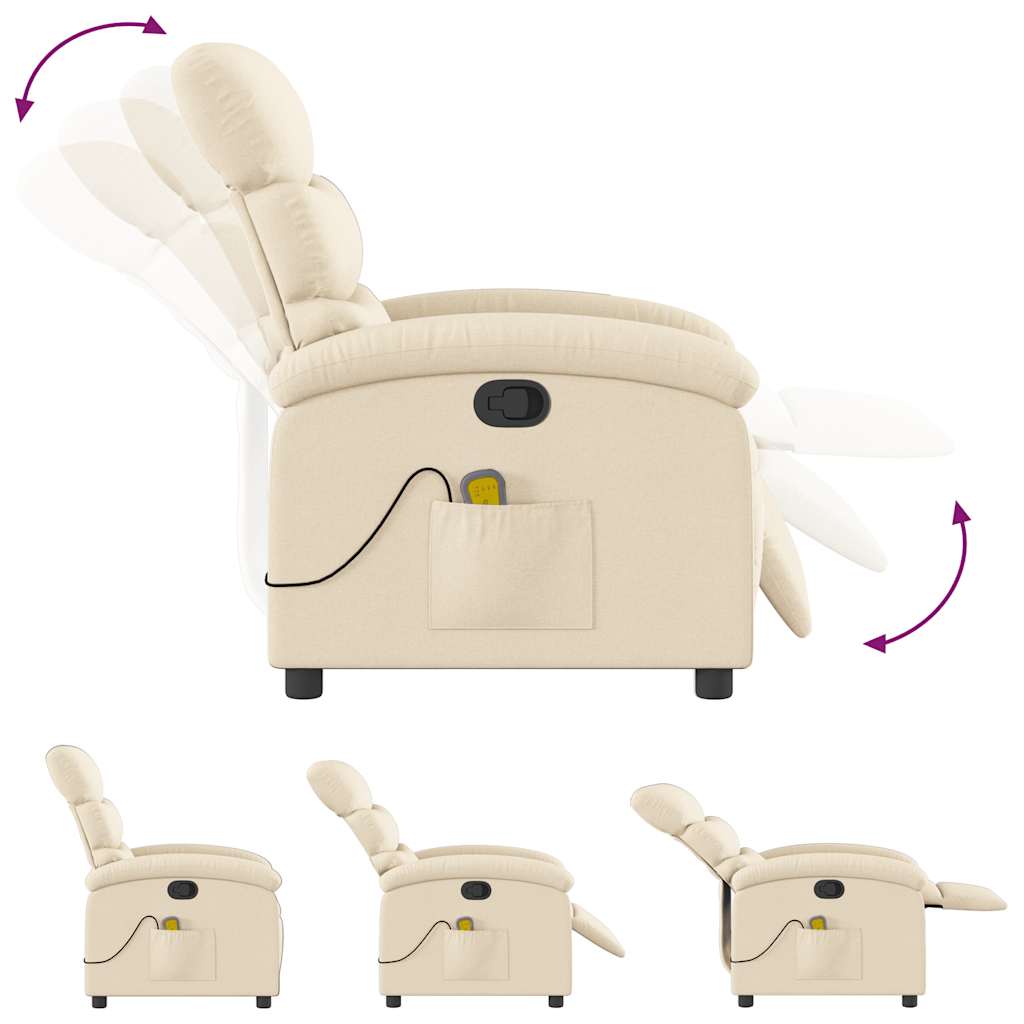 vidaXL Rozkładany fotel masujący, kremowy, obity tkaniną