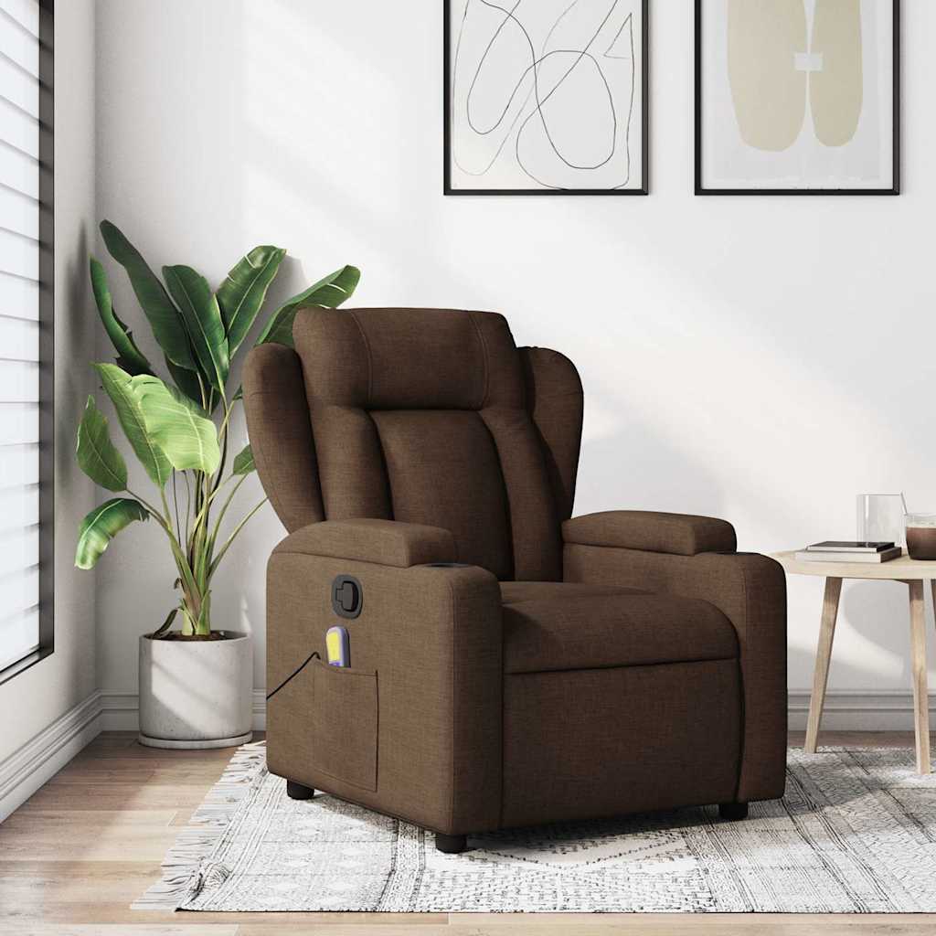 vidaXL Rozkładany fotel masujący, brązowy, obity tkaniną