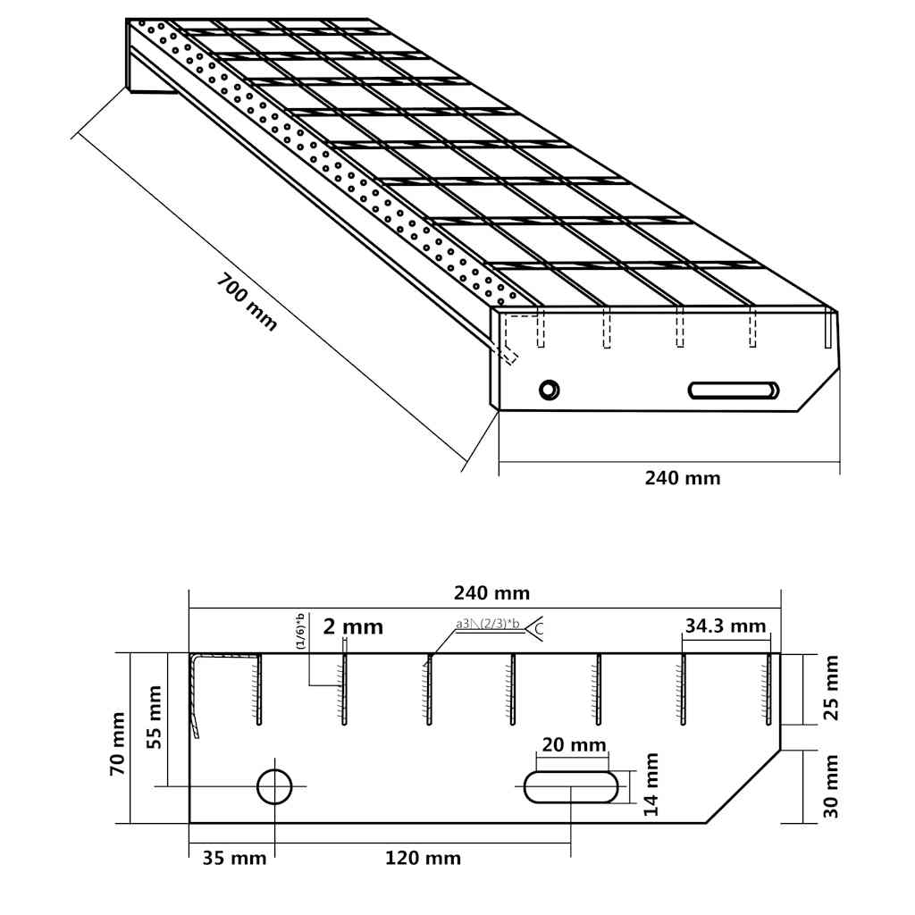 vidaXL Stopień z kraty, 70x24x7 cm, stal galwanizowana