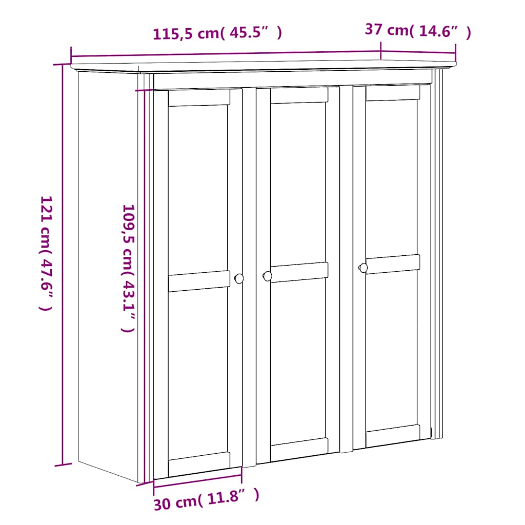 vidaXL Kredens BODO, biały, 115,5x43x200,5 cm, lite drewno sosnowe