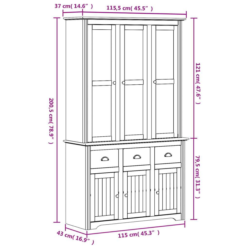 vidaXL Kredens BODO, szary, 115,5x43x200,5 cm, lite drewno sosnowe
