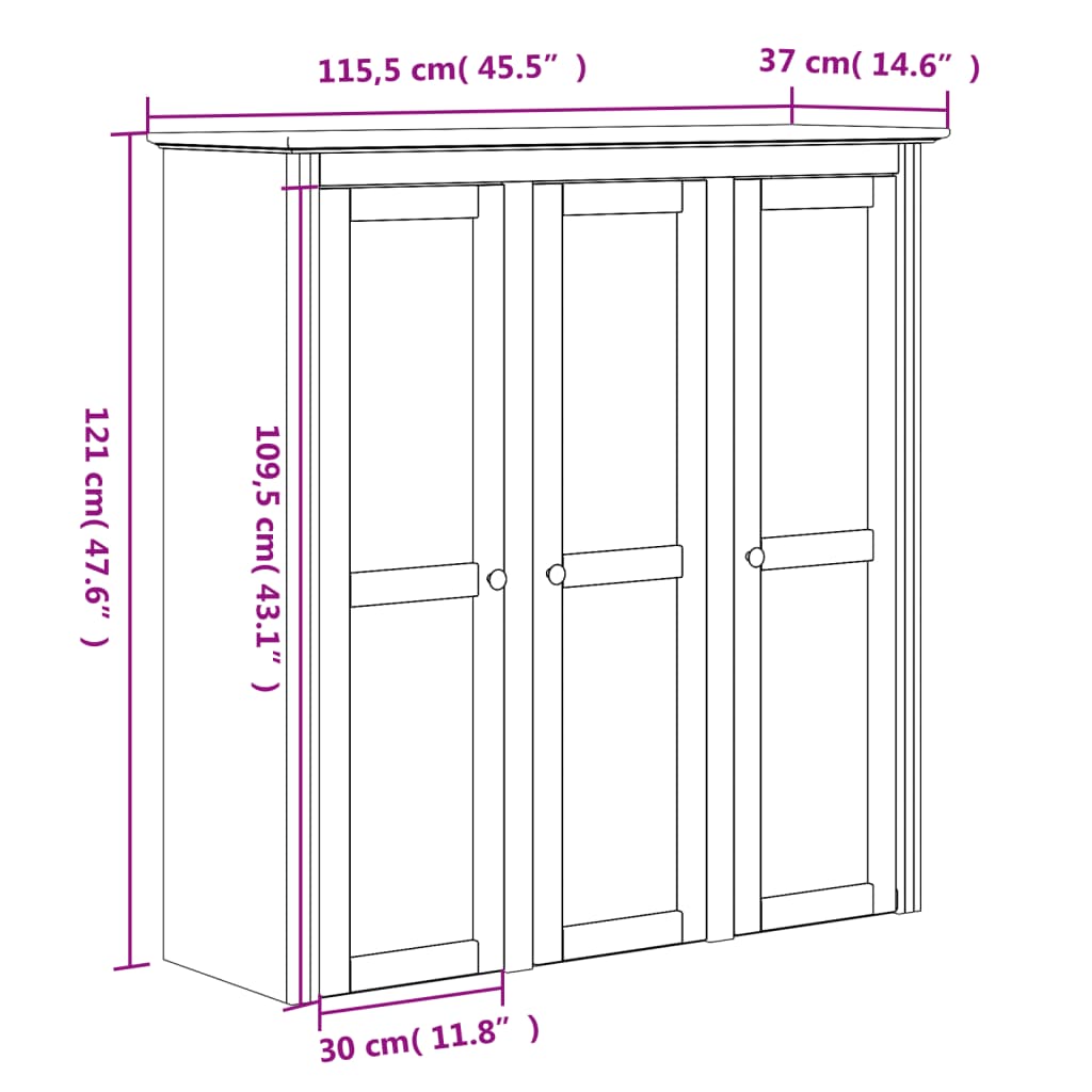 vidaXL Kredens BODO, szary, 115,5x43x200,5 cm, lite drewno sosnowe