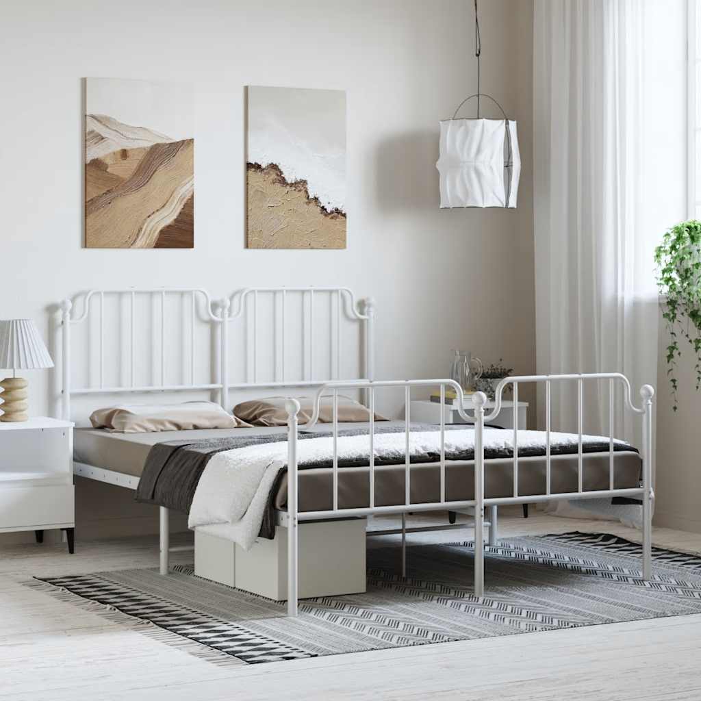 vidaXL Metalowa rama łóżka z wezgłowiem i zanóżkiem, biała, 135x190 cm
