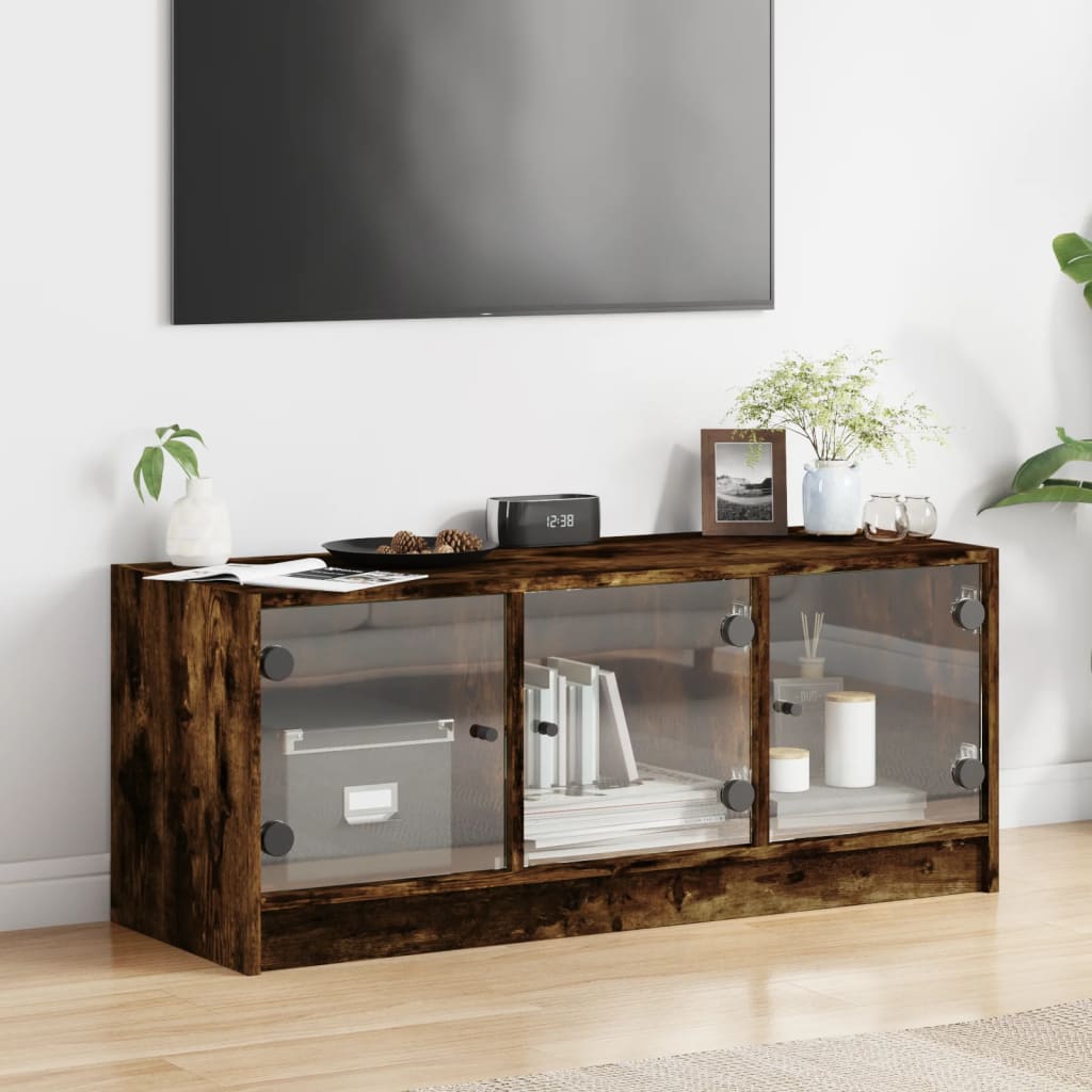 vidaXL Szafka TV ze szklanymi drzwiami, przydymiony dąb, 102x37x42 cm