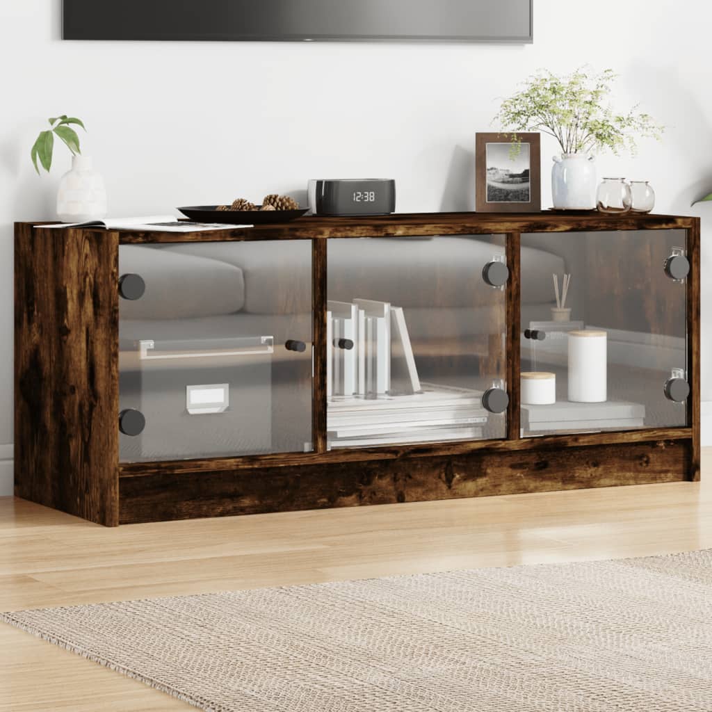 vidaXL Szafka TV ze szklanymi drzwiami, przydymiony dąb, 102x37x42 cm