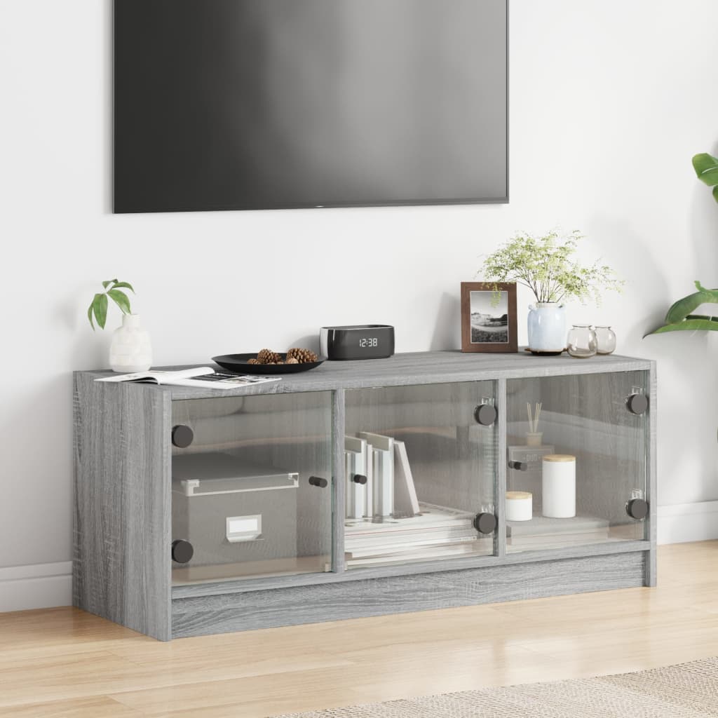 vidaXL Szafka TV ze szklanymi drzwiami, szary dąb sonoma, 102x37x42 cm