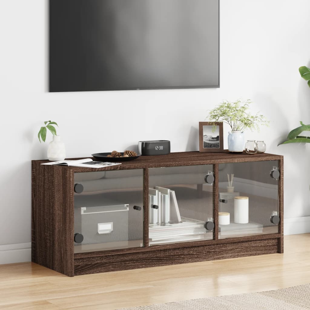vidaXL Szafka TV ze szklanymi drzwiami, brązowy dąb, 102x37x42 cm