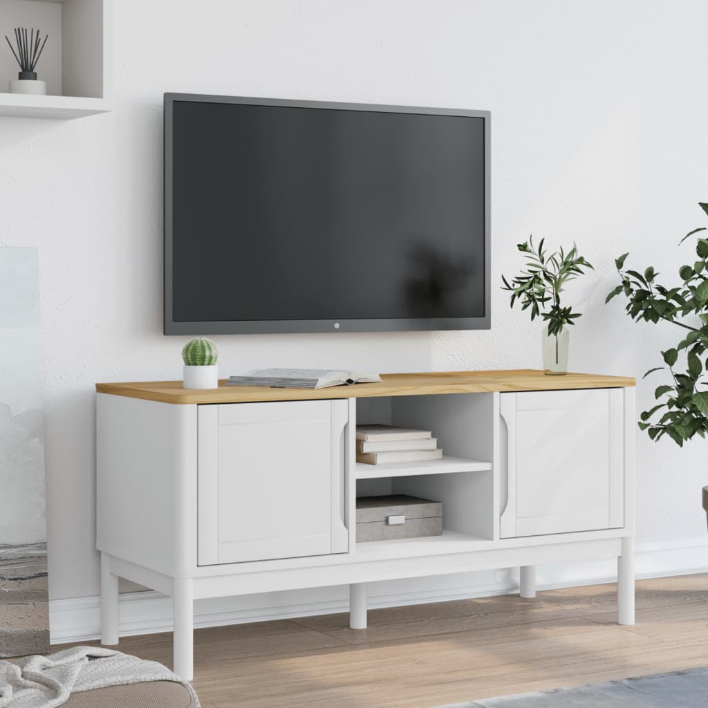 vidaXL Szafka RTV FLORO, biała, 114x43x55 cm, lite drewno sosnowe
