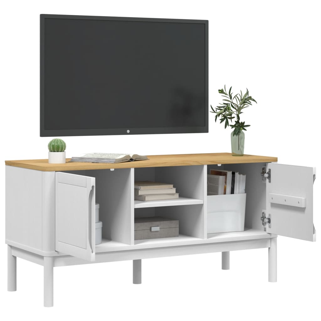 vidaXL Szafka RTV FLORO, biała, 114x43x55 cm, lite drewno sosnowe