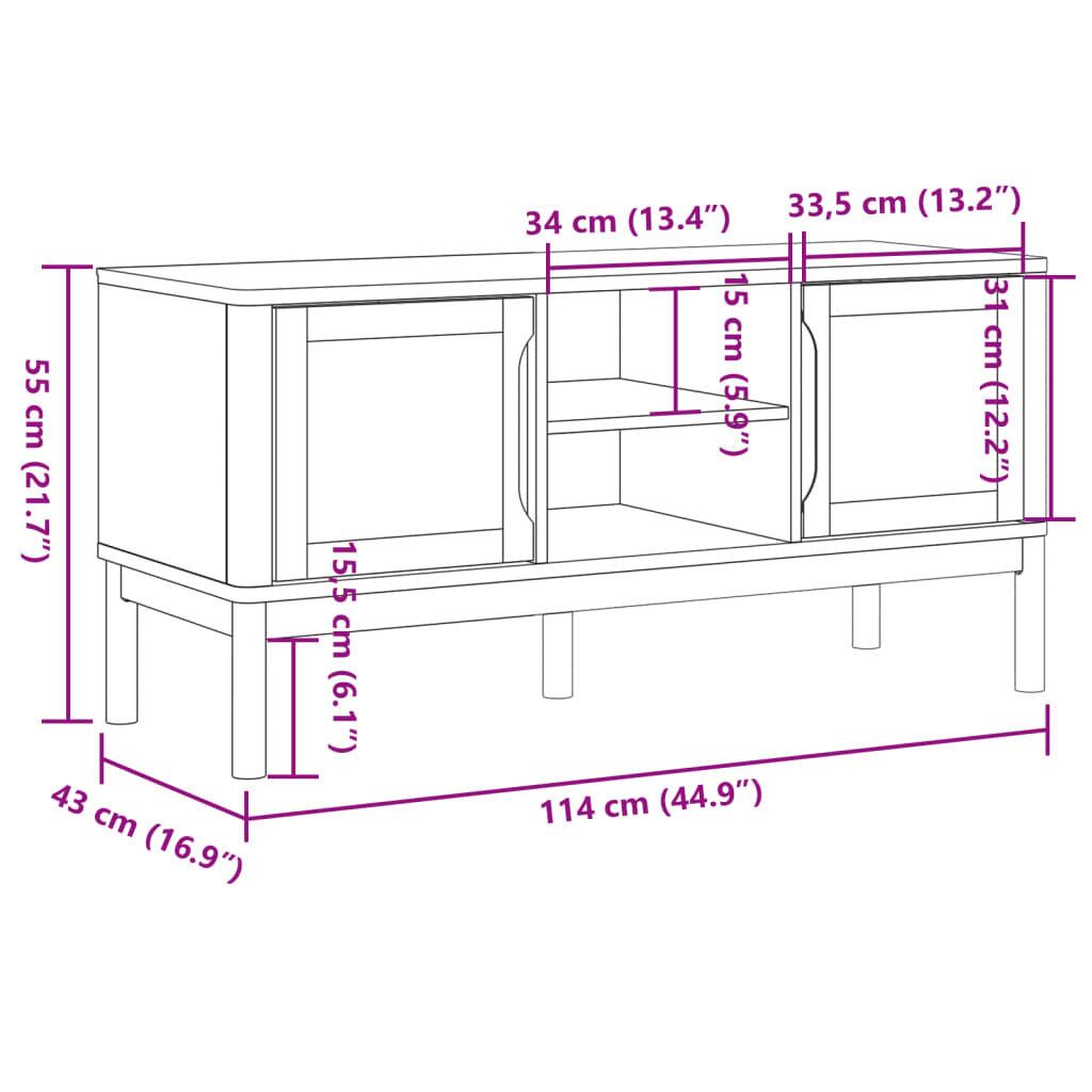 vidaXL Szafka RTV FLORO, biała, 114x43x55 cm, lite drewno sosnowe
