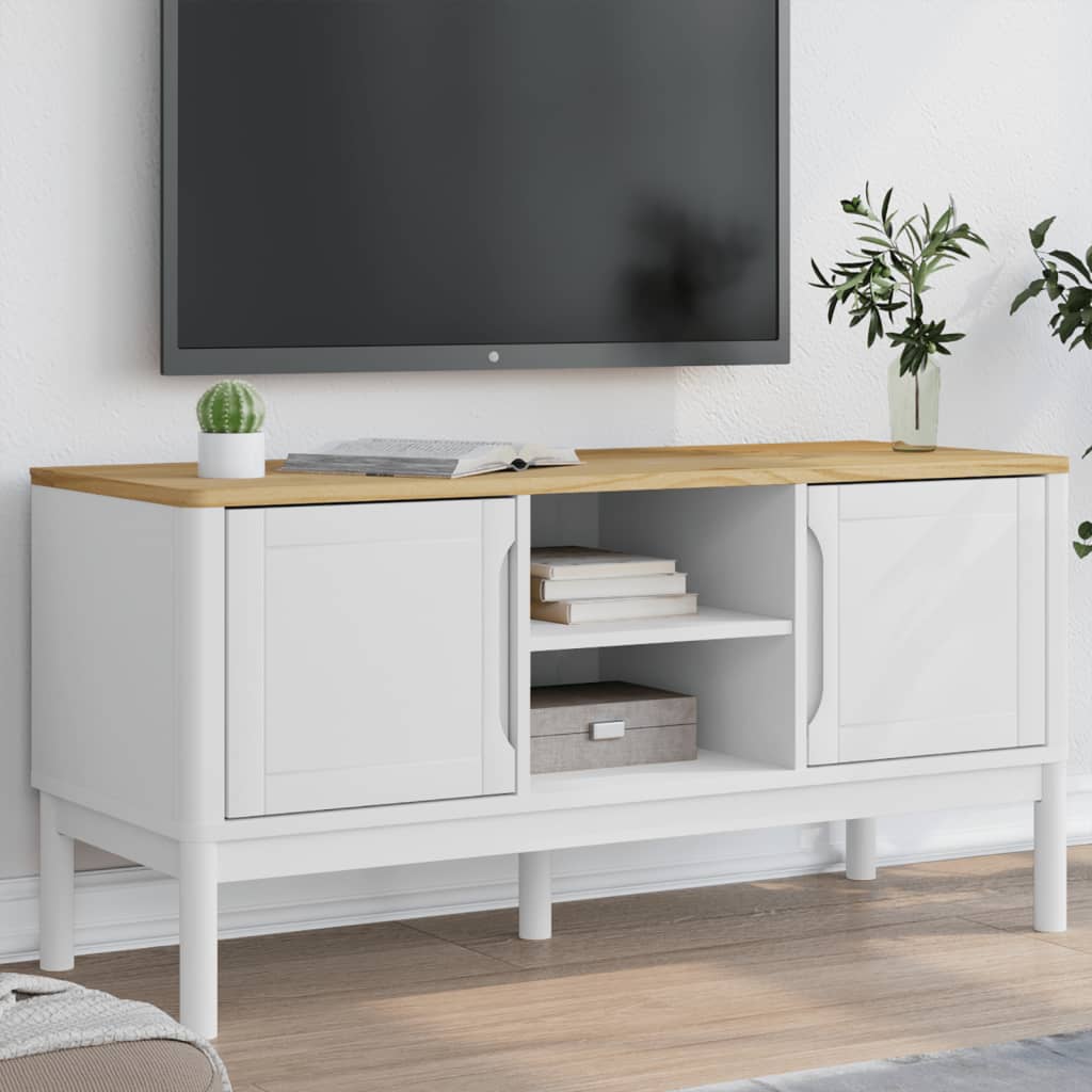 vidaXL Szafka RTV FLORO, biała, 114x43x55 cm, lite drewno sosnowe