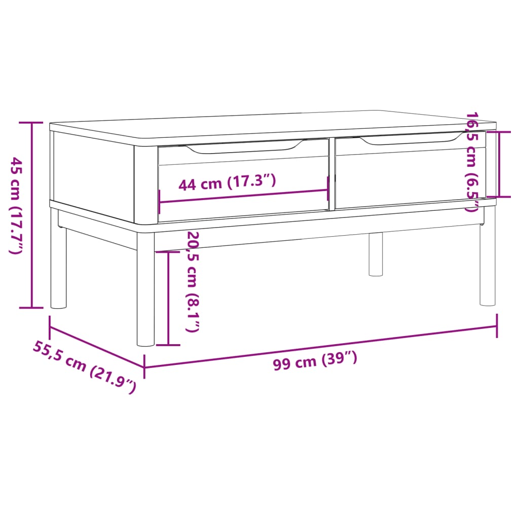 vidaXL Stolik kawowy FLORO, szary, 99x55,5x45 cm, lite drewno sosnowe