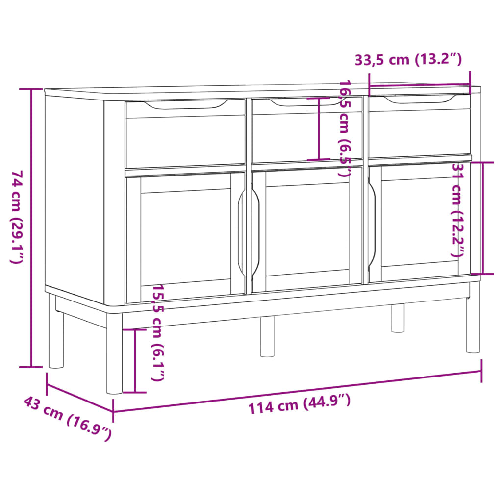 vidaXL Szafka FLORO, biała, 114x43x74 cm, lite drewno sosnowe