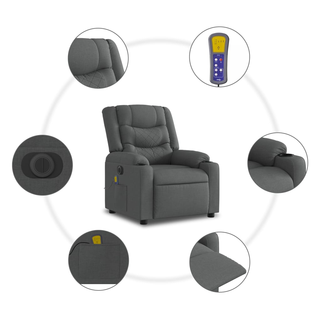 vidaXL Rozkładany fotel masujący, elektryczny, ciemnoszary, tkanina