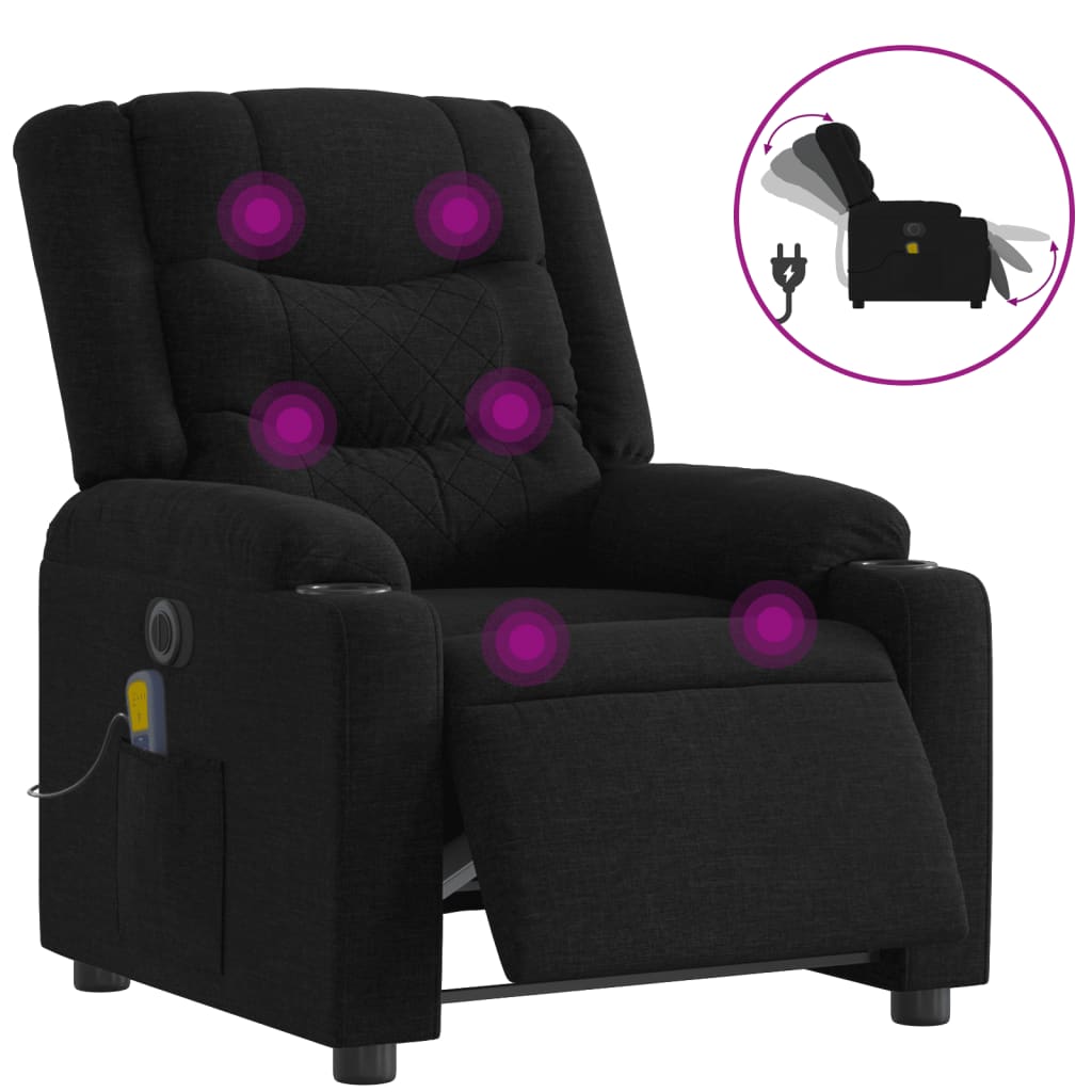 vidaXL Rozkładany fotel masujący, elektryczny, czarny, tkanina