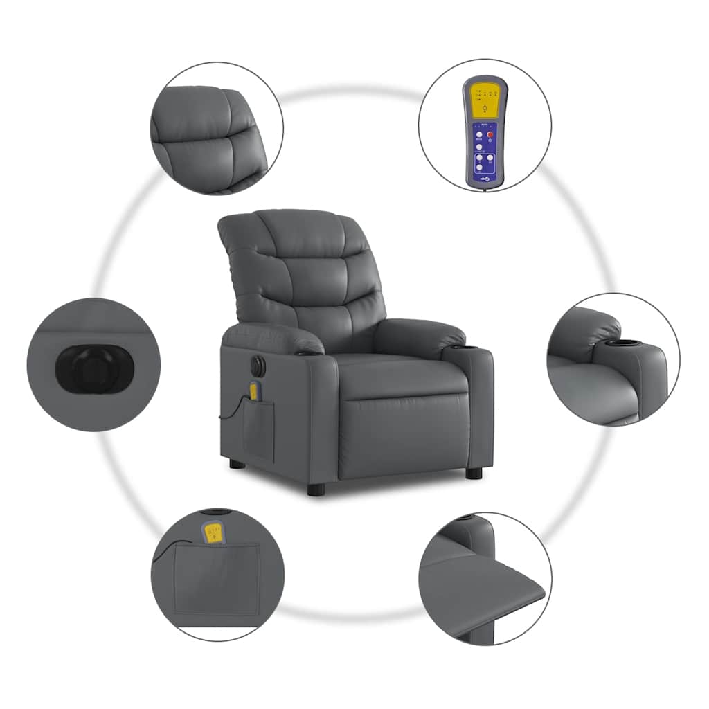 vidaXL Rozkładany fotel masujący, elektryczny, szary, sztuczna skóra