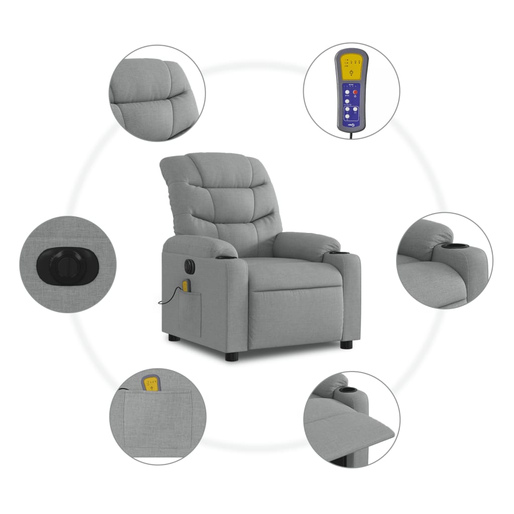 vidaXL Rozkładany fotel masujący, elektryczny, jasnoszary, tkanina