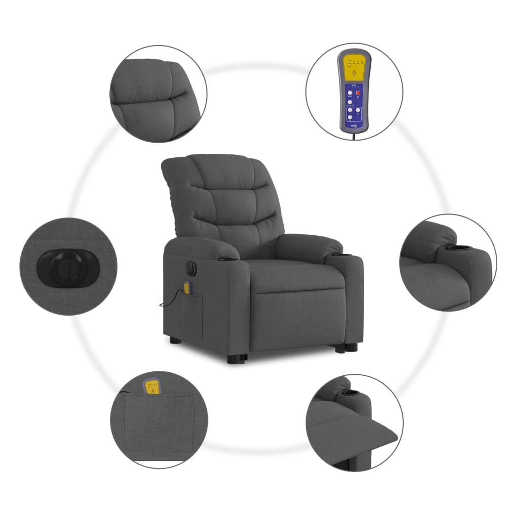 vidaXL Podnoszony fotel masujący, elektryczny, rozkładany, ciemnoszary