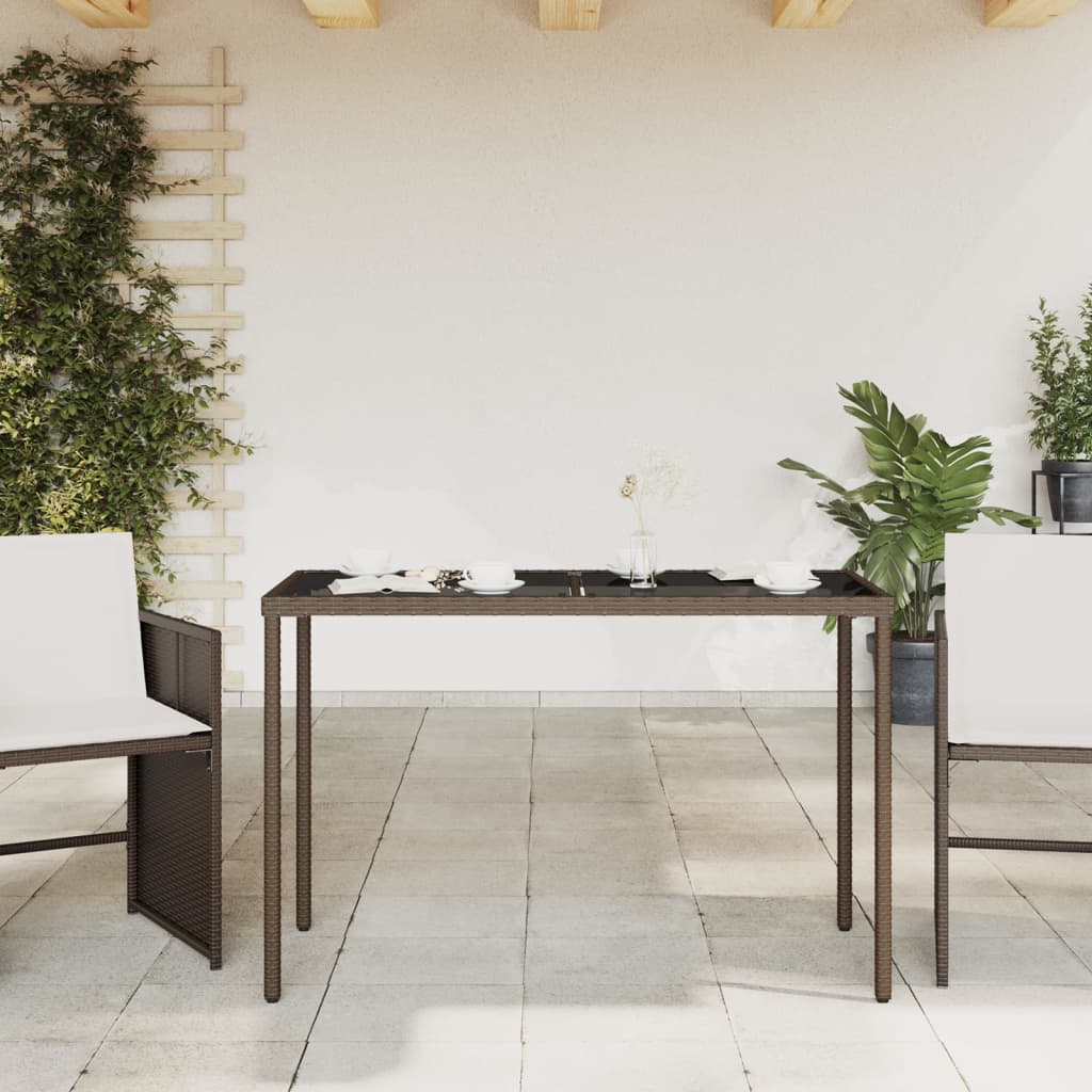 vidaXL Stół ogrodowy ze szklanym blatem, brąz, 115x54x74 cm, rattan PE