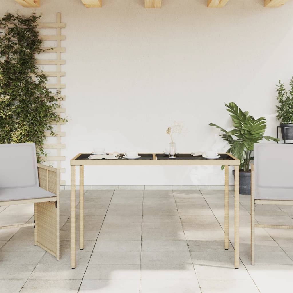 vidaXL Stół ogrodowy ze szklanym blatem, beż, 115x54x74 cm, rattan PE