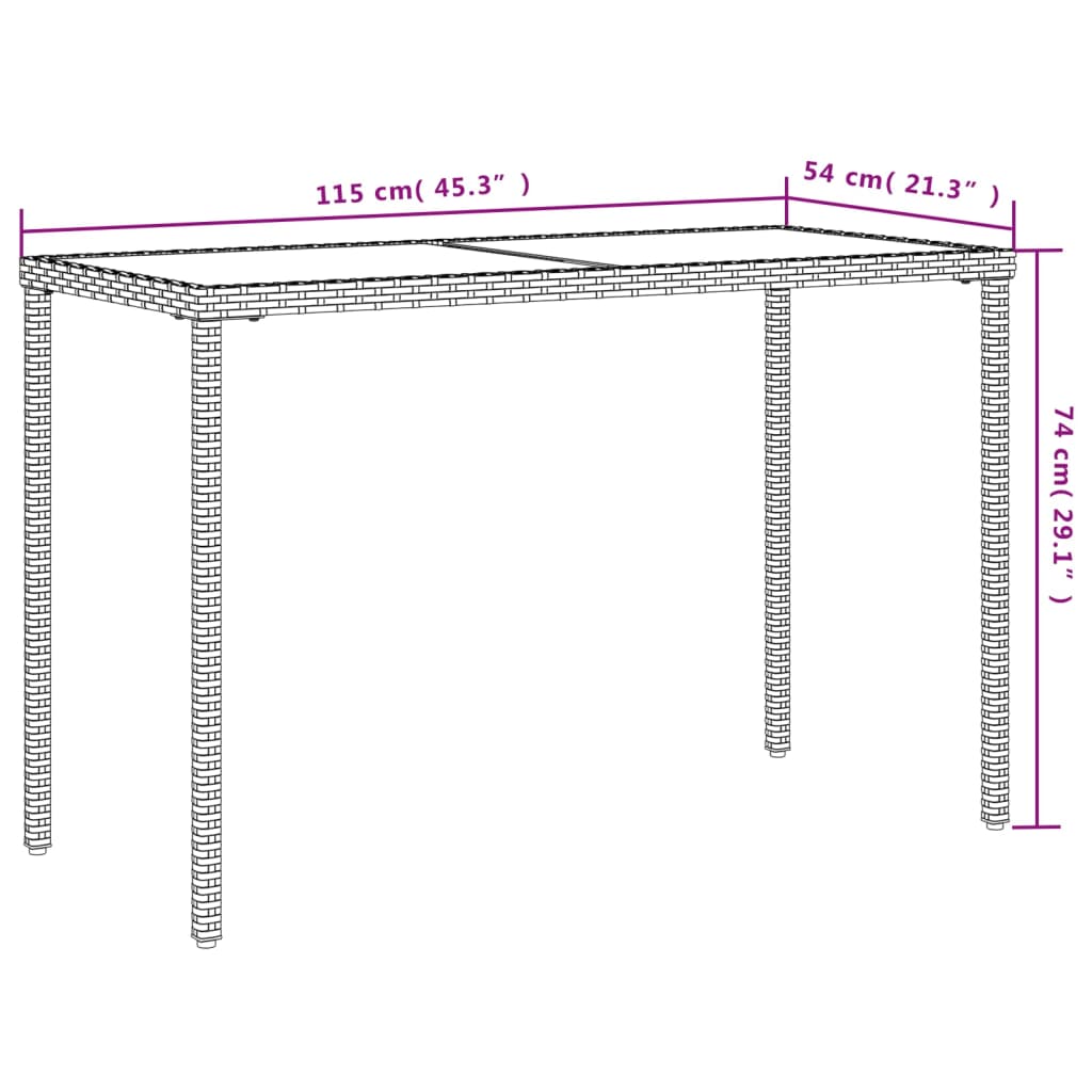 vidaXL Stół ogrodowy ze szklanym blatem, beż, 115x54x74 cm, rattan PE
