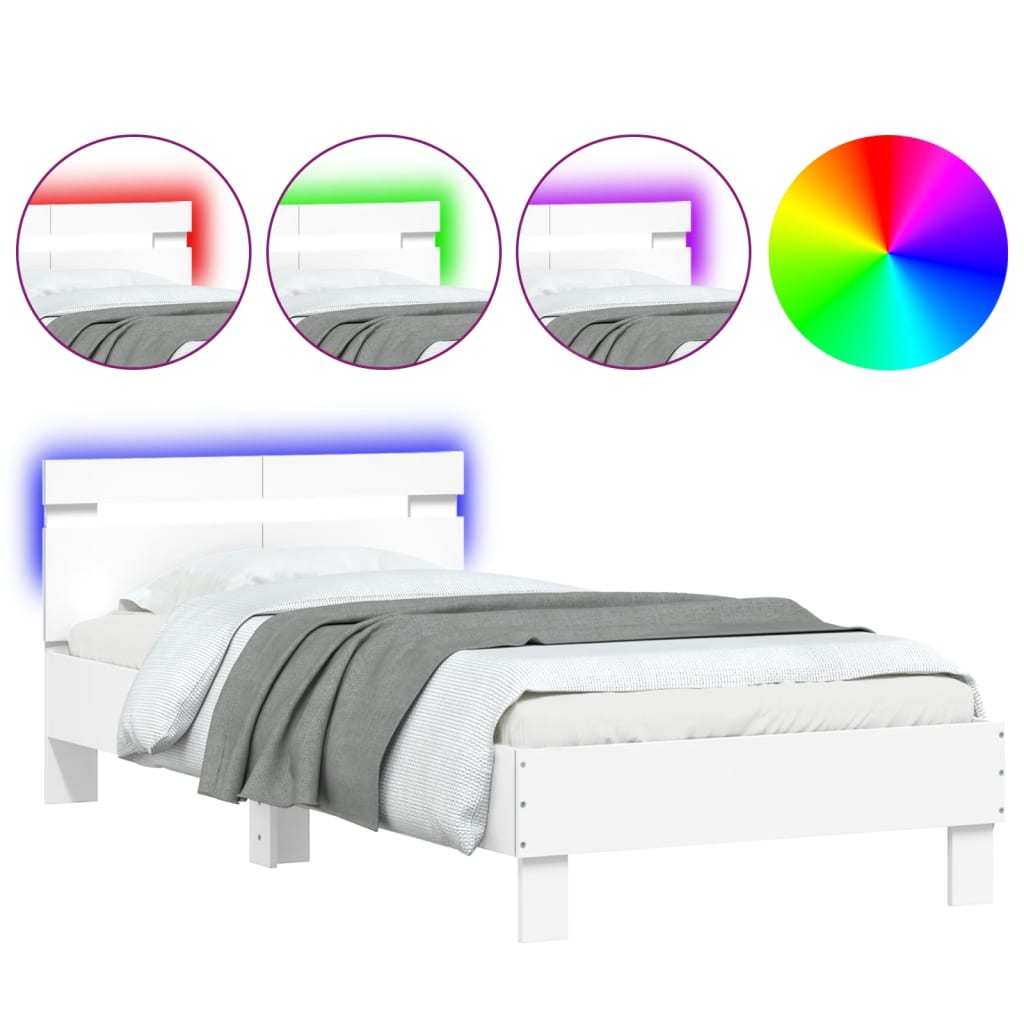 vidaXL Rama łóżka z wezgłowiem i LED, biała, 100x200 cm