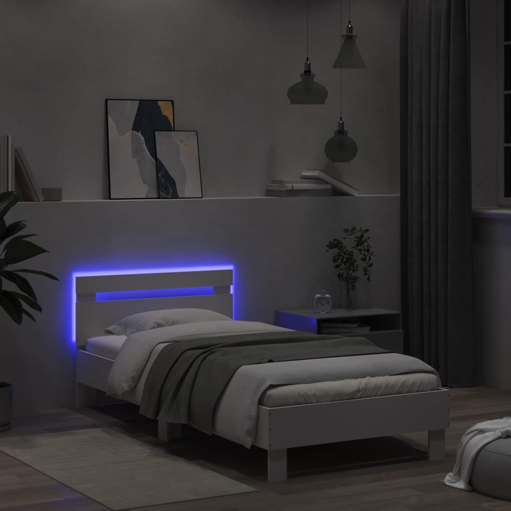vidaXL Rama łóżka z wezgłowiem i LED, biała, 100x200 cm