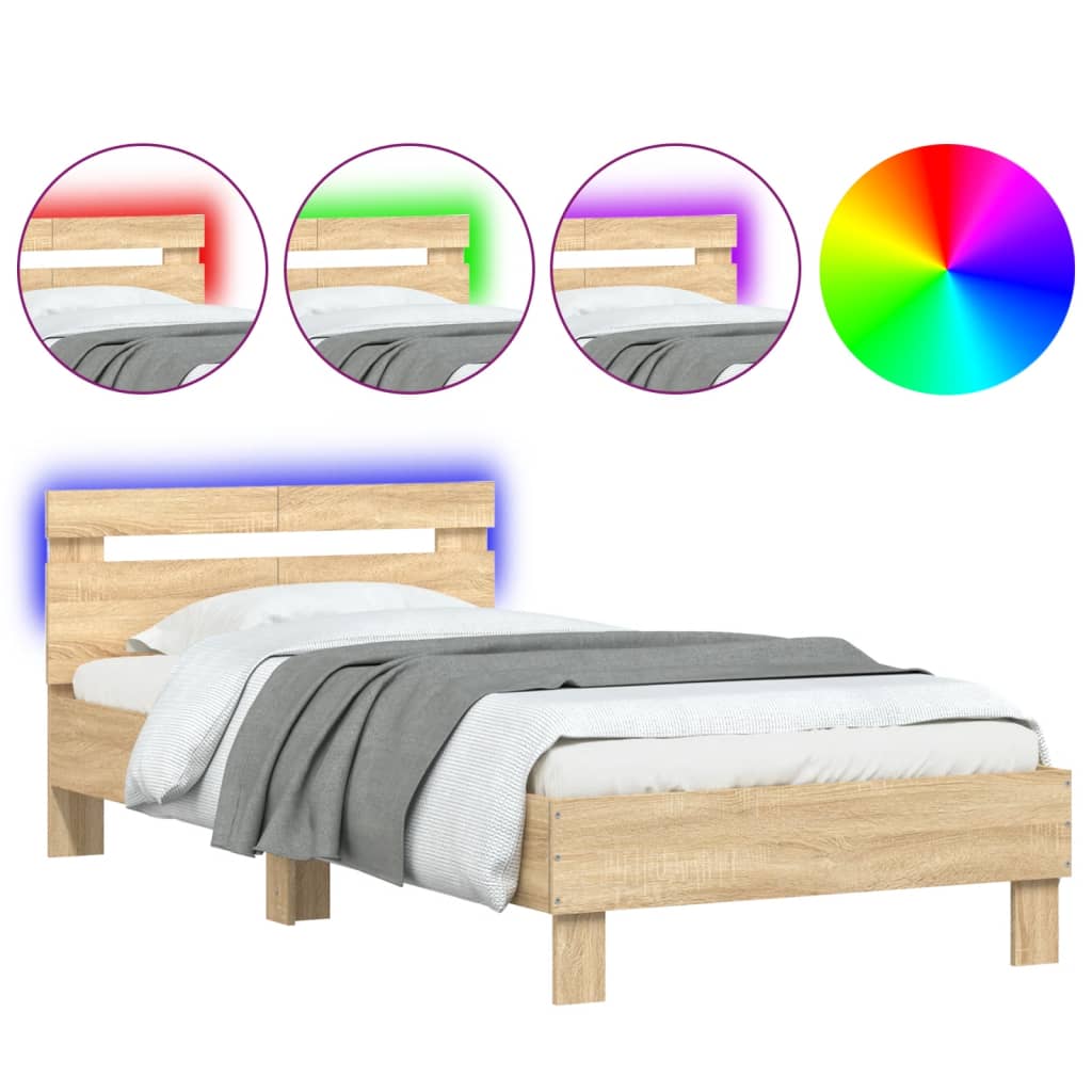 vidaXL Rama łóżka z wezgłowiem i LED, dąb sonoma, 100x200 cm