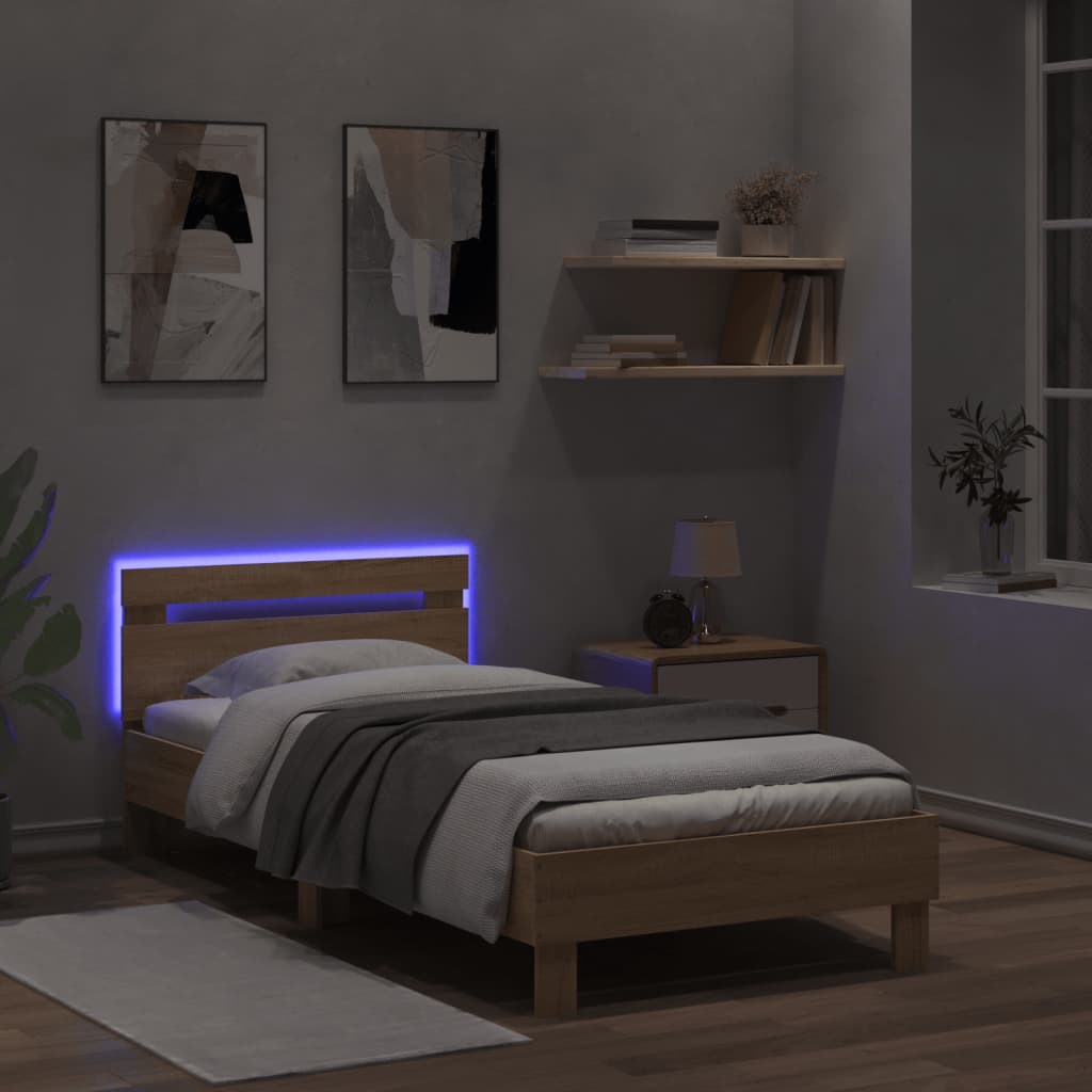 vidaXL Rama łóżka z wezgłowiem i LED, dąb sonoma, 100x200 cm