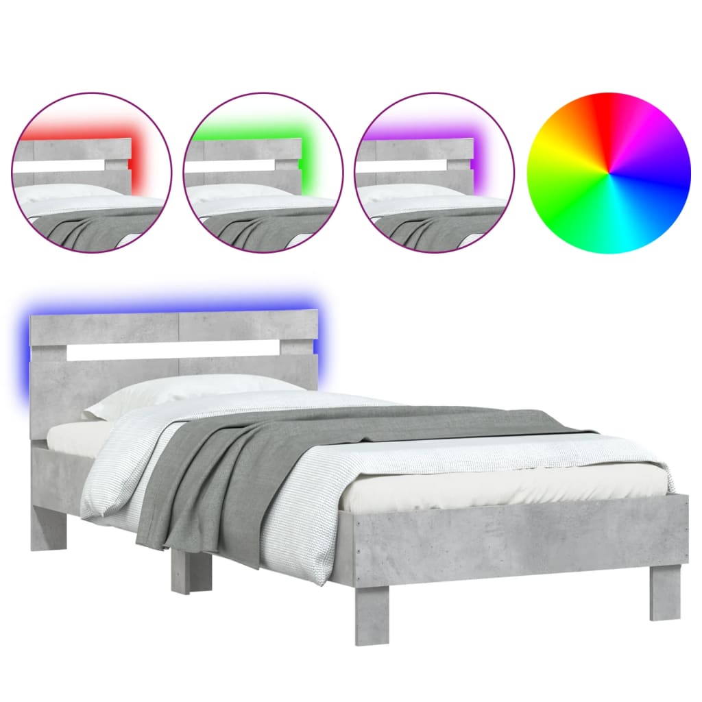 vidaXL Rama łóżka z wezgłowiem i LED, szarość betonu, 100x200 cm