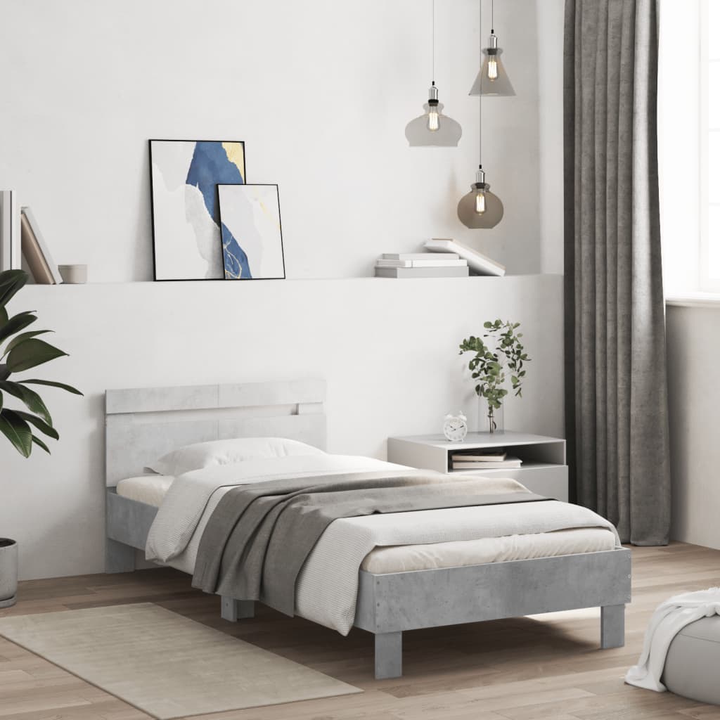 vidaXL Rama łóżka z wezgłowiem i LED, szarość betonu, 100x200 cm