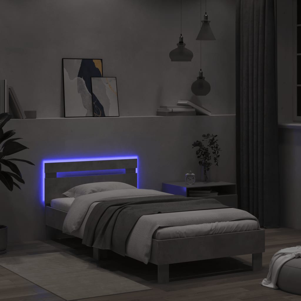 vidaXL Rama łóżka z wezgłowiem i LED, szarość betonu, 100x200 cm