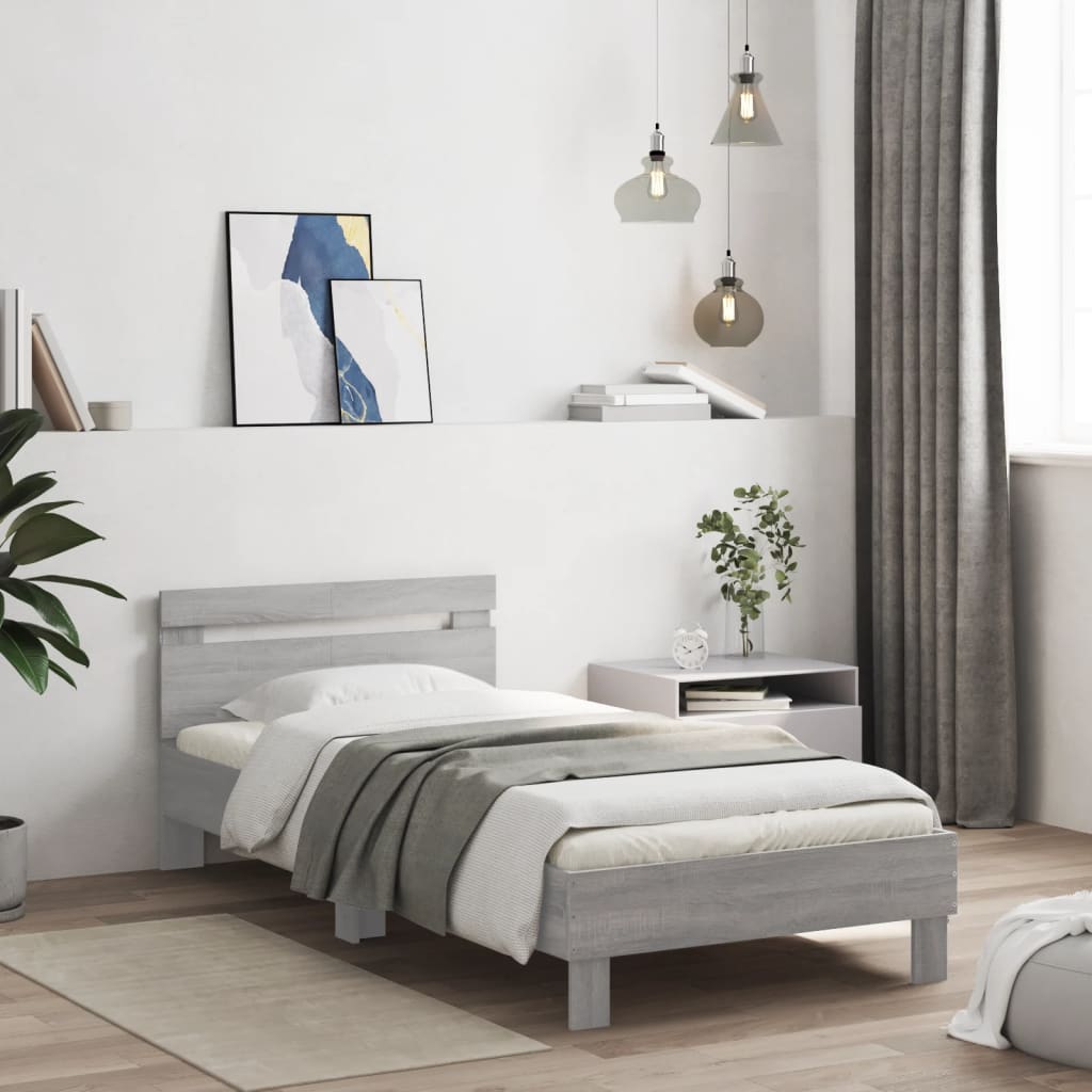 vidaXL Rama łóżka z wezgłowiem i LED, szary dąb sonoma, 100x200 cm