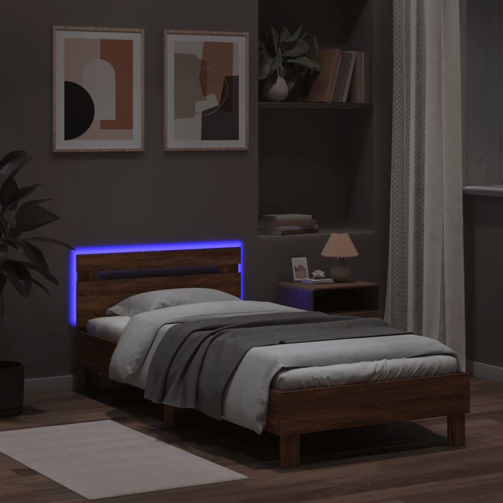 vidaXL Rama łóżka z wezgłowiem i LED, brązowy dąb, 100x200 cm