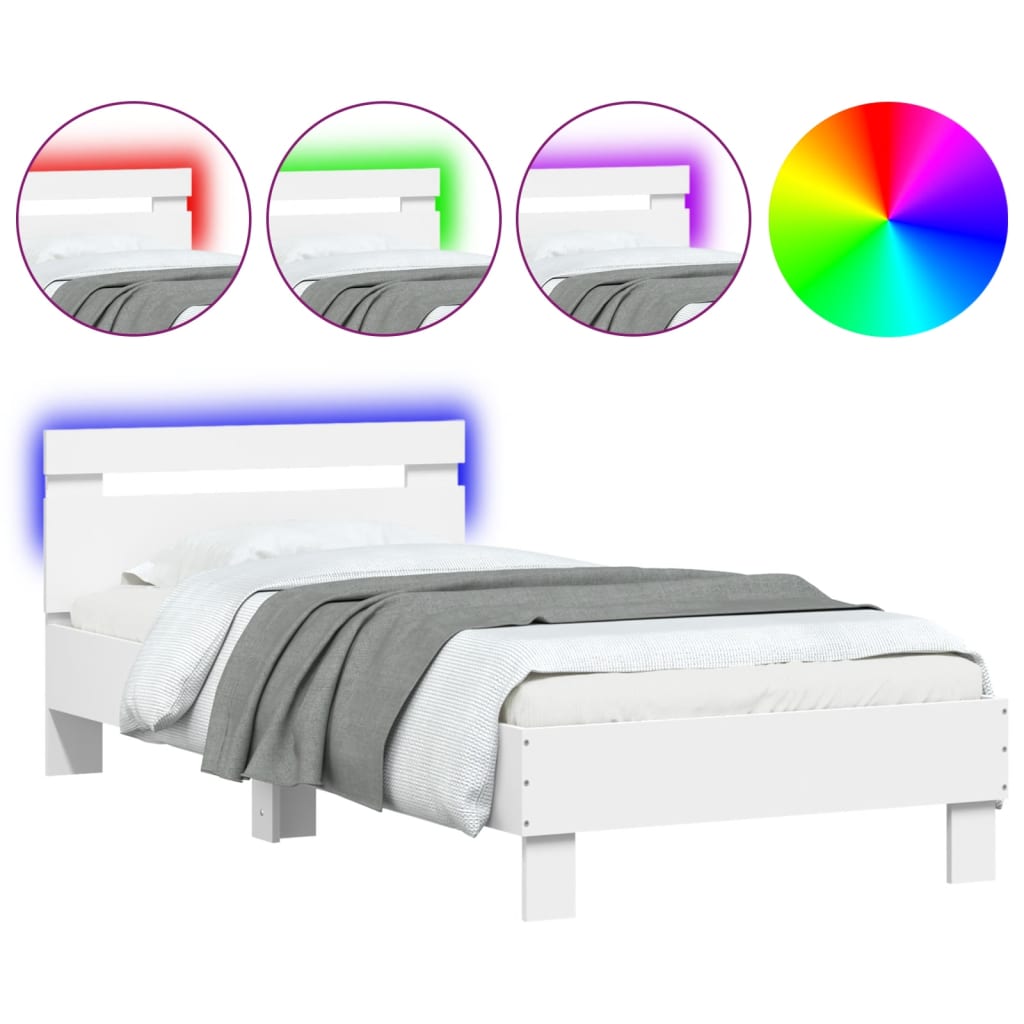 vidaXL Rama łóżka z wezgłowiem i LED, biała, 90x200 cm