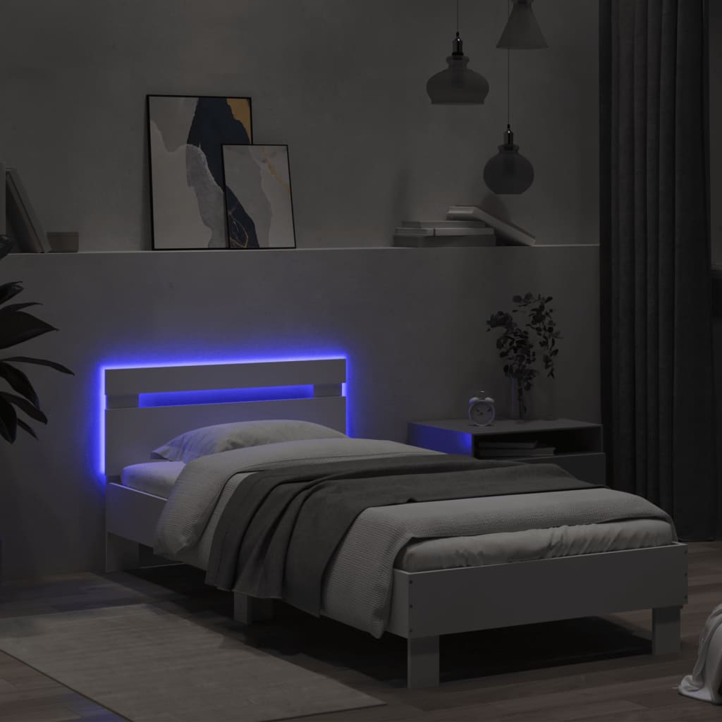 vidaXL Rama łóżka z wezgłowiem i LED, biała, 90x200 cm