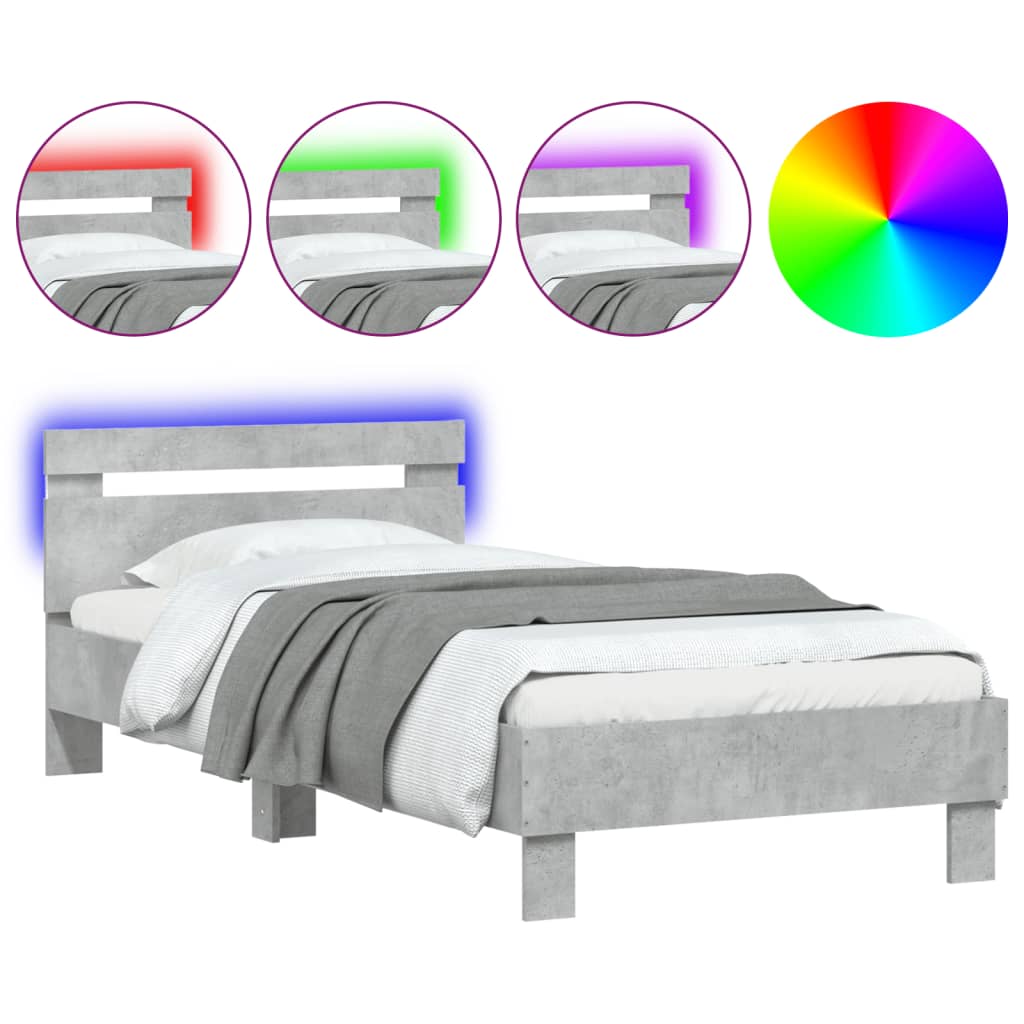 vidaXL Rama łóżka z wezgłowiem i LED, szarość betonu, 90x200 cm