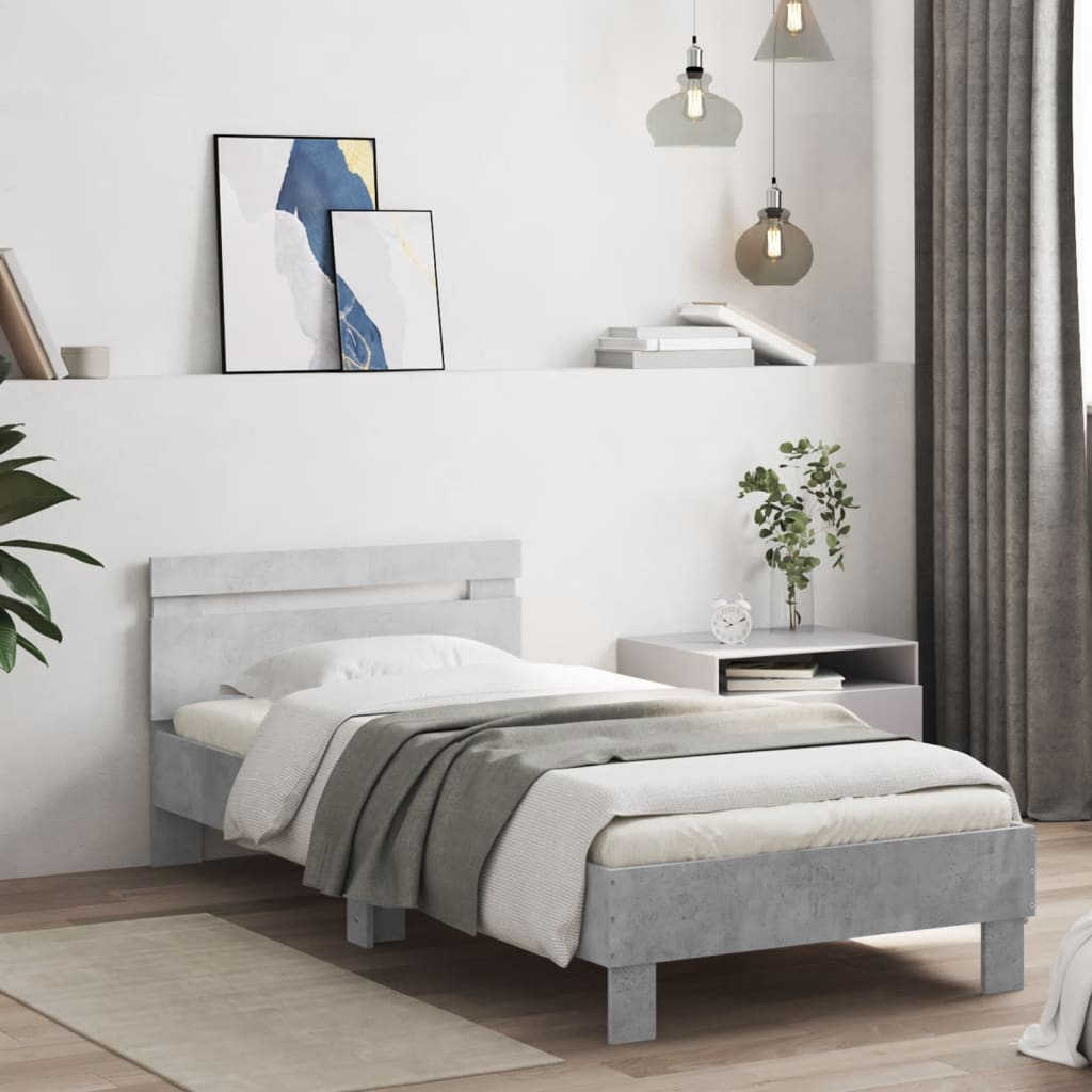 vidaXL Rama łóżka z wezgłowiem i LED, szarość betonu, 90x200 cm