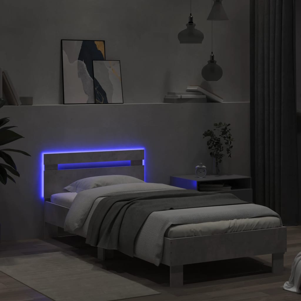 vidaXL Rama łóżka z wezgłowiem i LED, szarość betonu, 90x200 cm