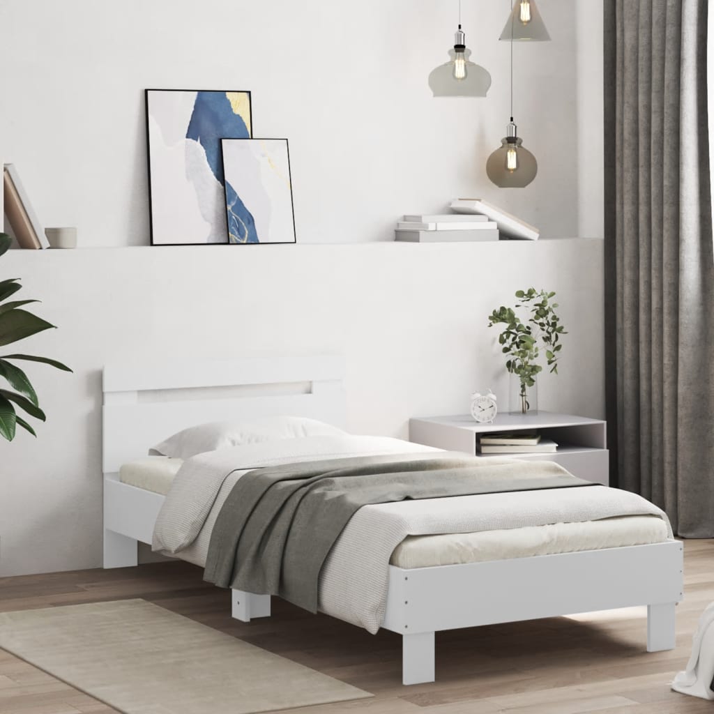 vidaXL Rama łóżka z wezgłowiem i LED, biała, 90x190 cm
