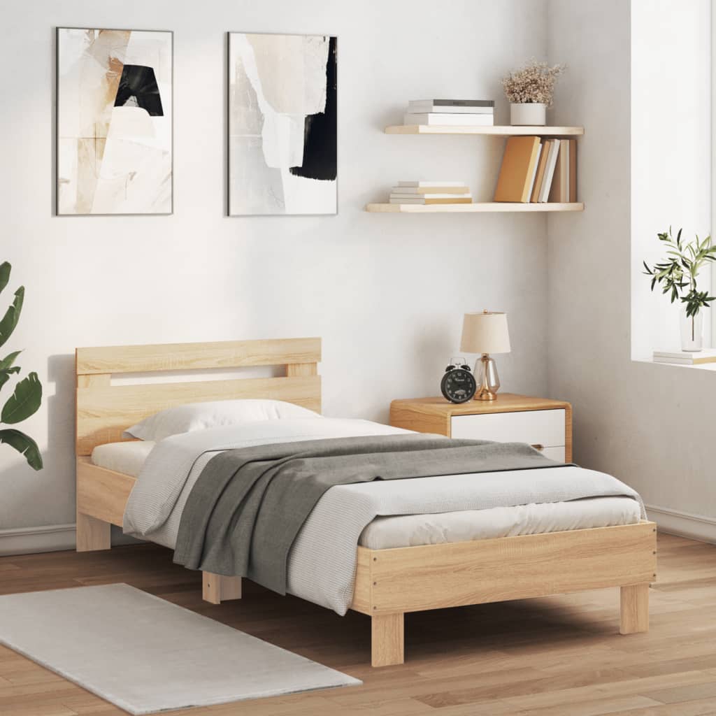 vidaXL Rama łóżka z wezgłowiem i LED, dąb sonoma, 90x190 cm