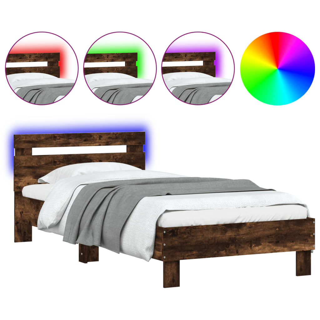 vidaXL Rama łóżka z wezgłowiem i LED, przydymiony dąb, 90x190 cm