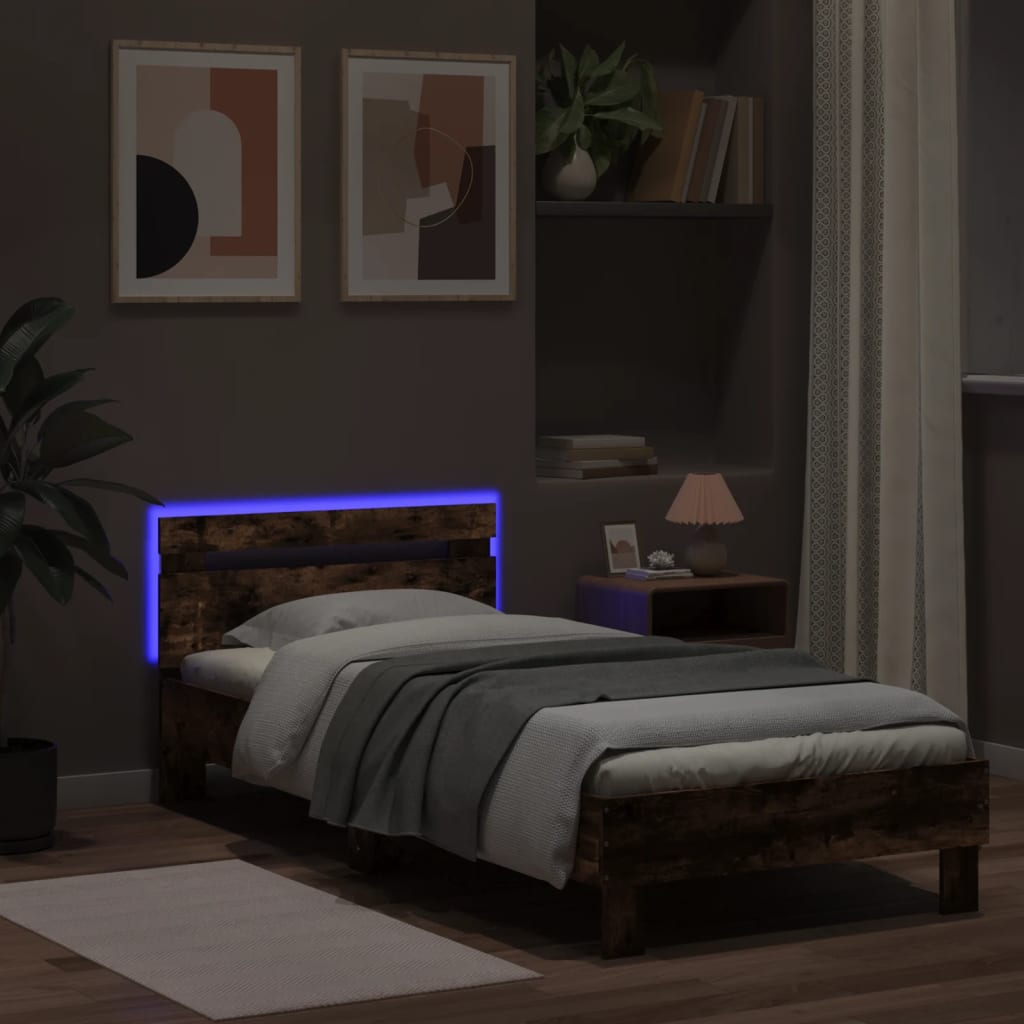 vidaXL Rama łóżka z wezgłowiem i LED, przydymiony dąb, 90x190 cm