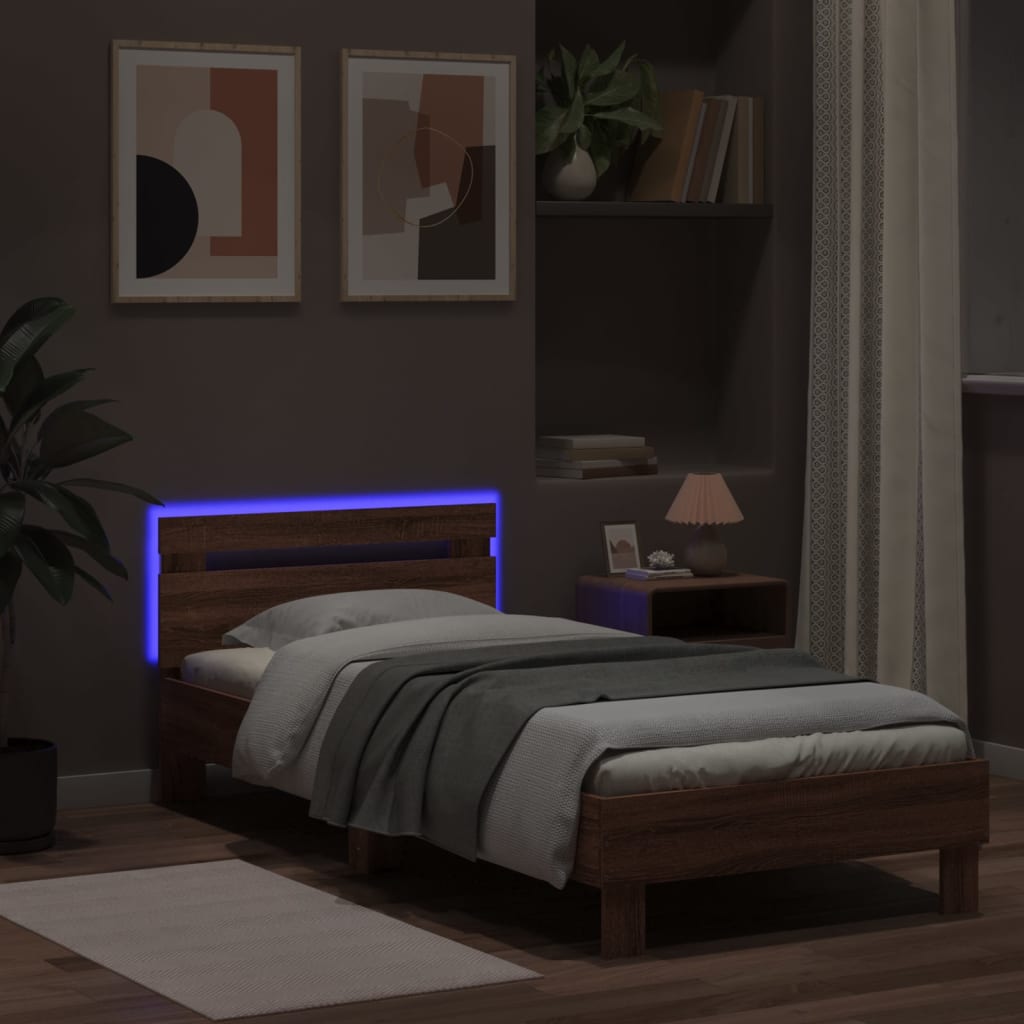 vidaXL Rama łóżka z wezgłowiem i LED, brązowy dąb, 90x190 cm