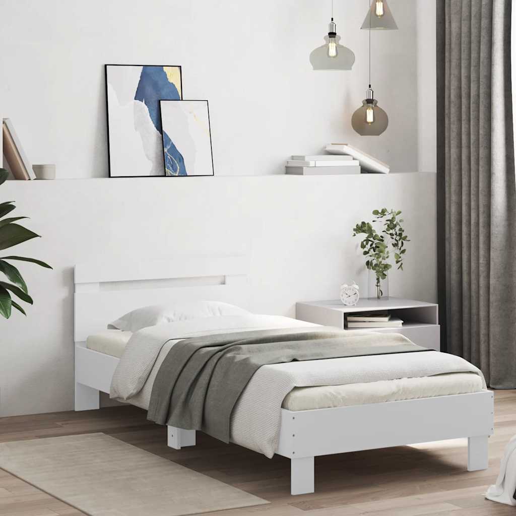 vidaXL Rama łóżka z wezgłowiem i LED, biała, 75x190 cm