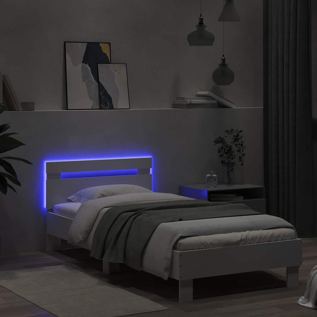 vidaXL Rama łóżka z wezgłowiem i LED, biała, 75x190 cm
